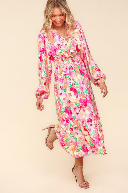 Haptics Full Size Floral Surplice Balloon Sleeve Dress with Side Pockets - Classique Collection