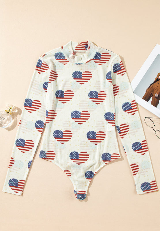 US Flag Heart Mock Neck Long Sleeve Bodysuit - Classique Collection