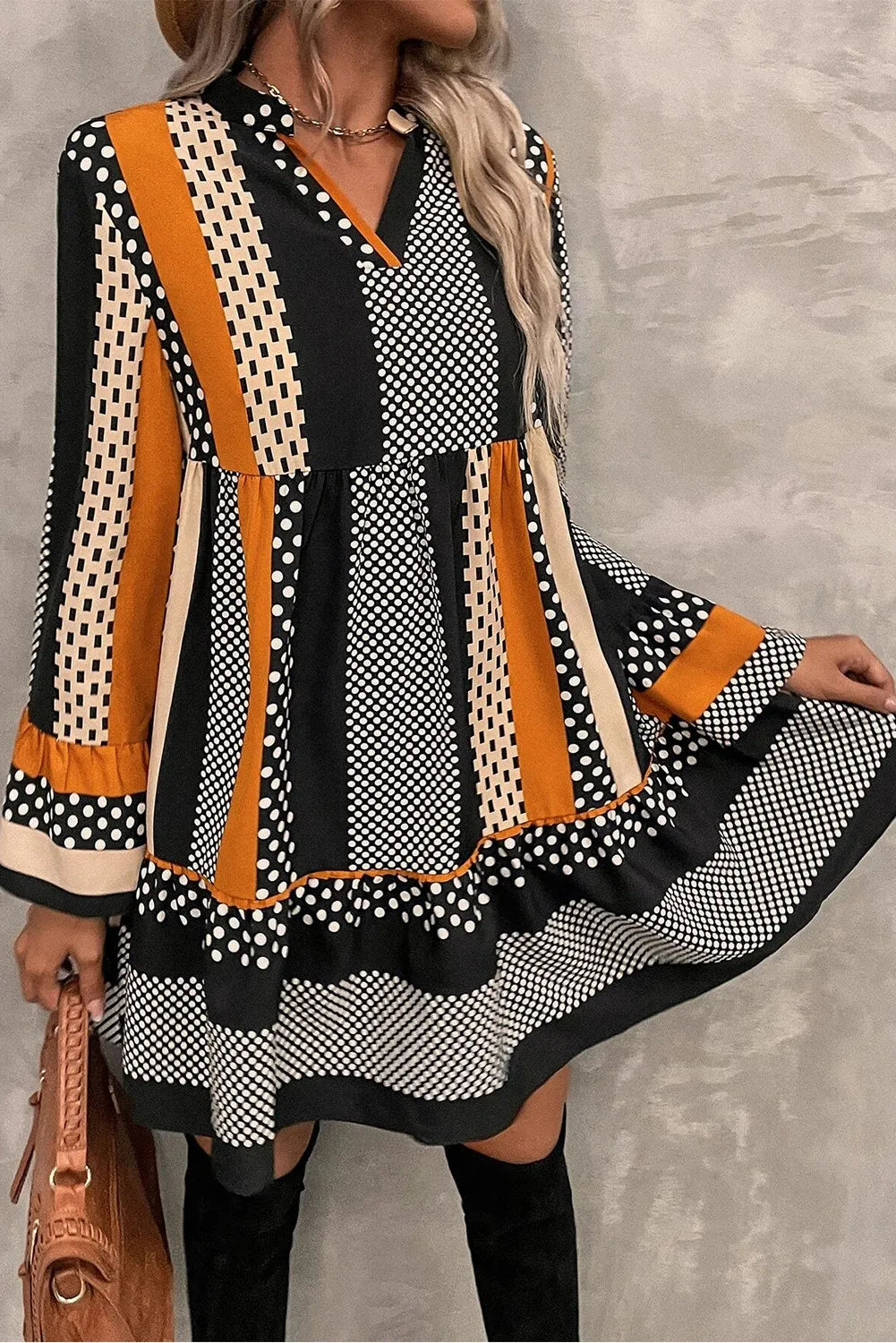Printed Notched Long Sleeve Mini Dress - Classique Collection