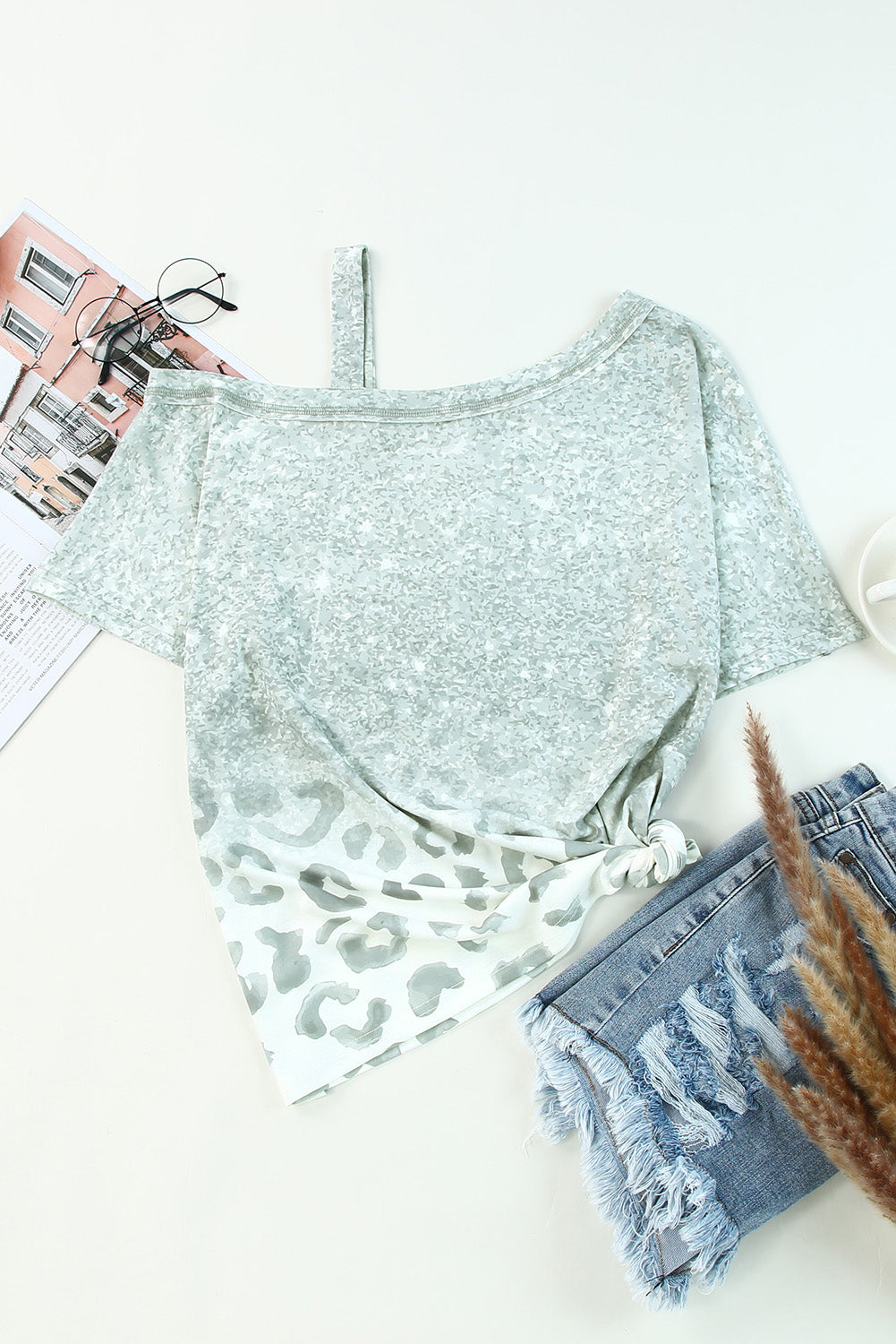 Leopard Asymmetrical Neck Cold-Shoulder Blouse - Classique Collection