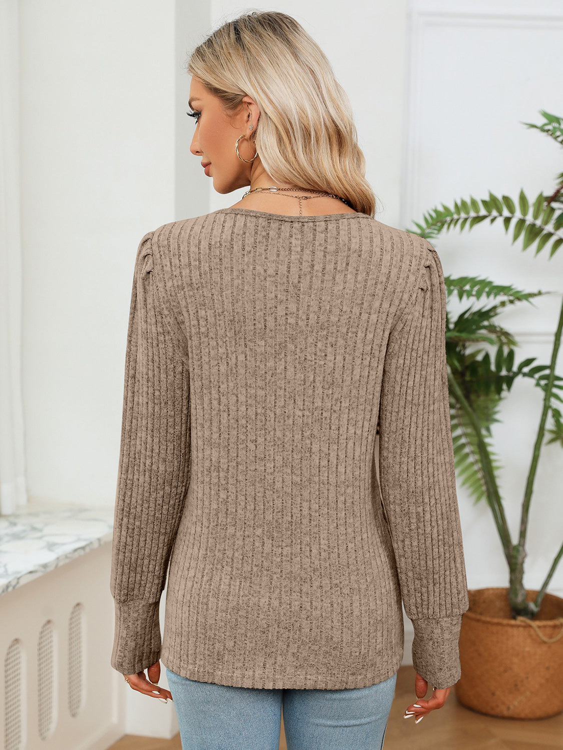 Lace Detail V-Neck Ribbed Blouse - Classique Collection