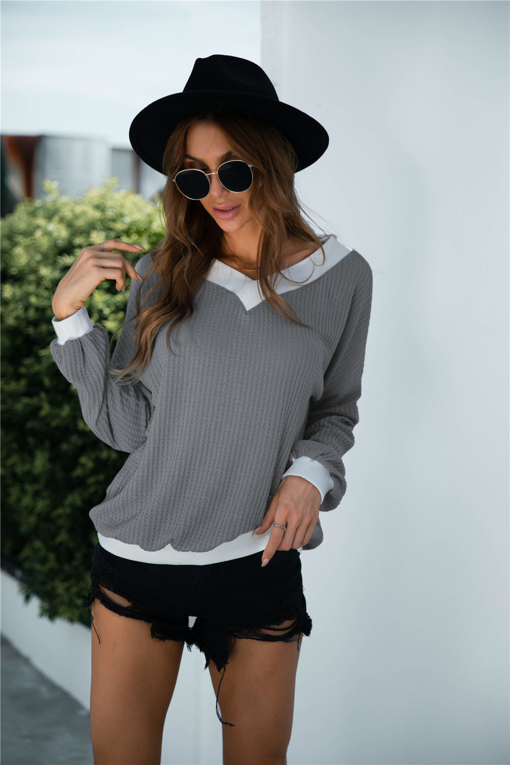 Off-Shoulder Waffle-Knit Dropped Shoulder Blouse - Classique Collection