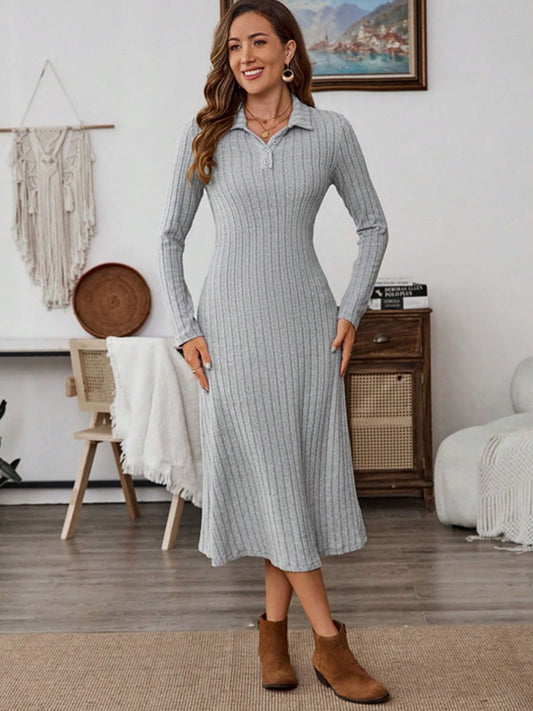 Collared Neck Long Sleeve Midi Dress - Classique Collection