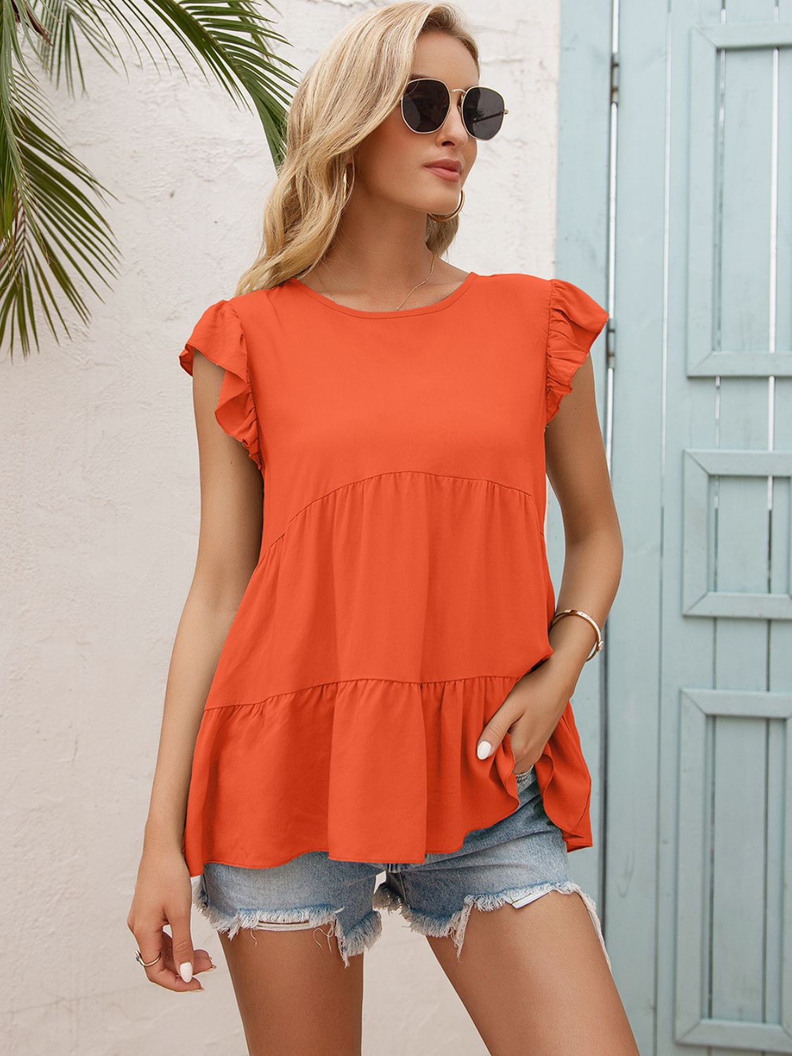 Ivy Lane Round Neck Flutter Sleeve Tiered Blouse - ClassiQ
