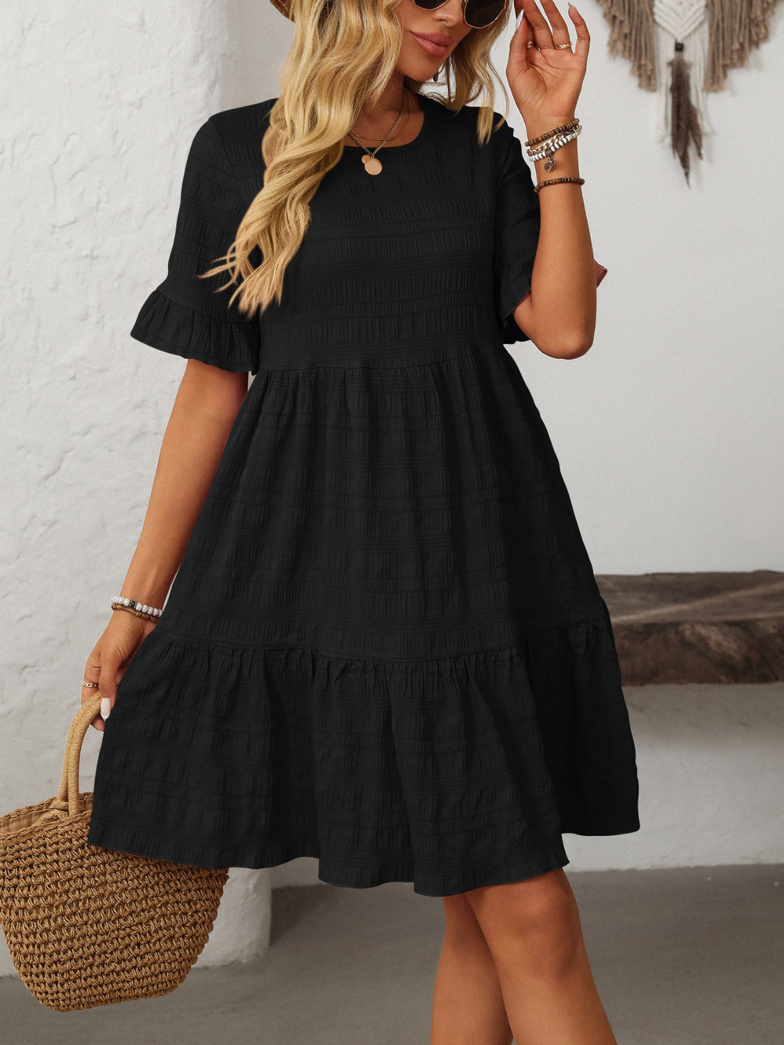 Mandy Ruffled Ruched Round Neck Half Sleeve Dress - Classique Collection