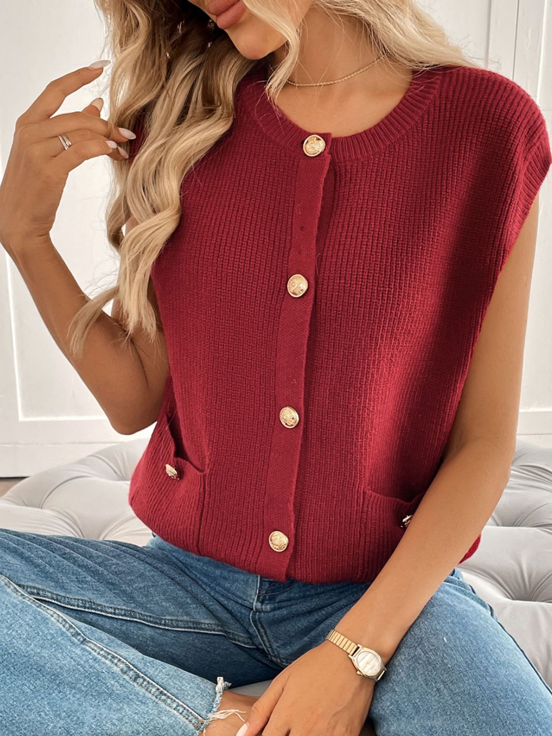 Perfee Pocketed Round Neck Cap Sleeve Cardigan - Classique Collection