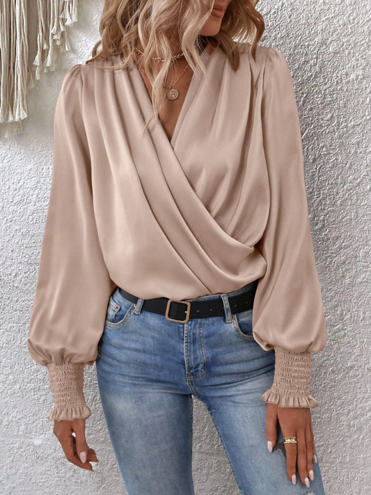 Surplice Smocked Lantern Sleeve Blouse - Classique Collection