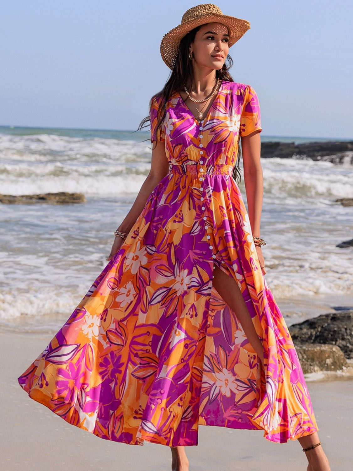 Printed V-Neck Short Sleeve Midi Dress - Classique Collection