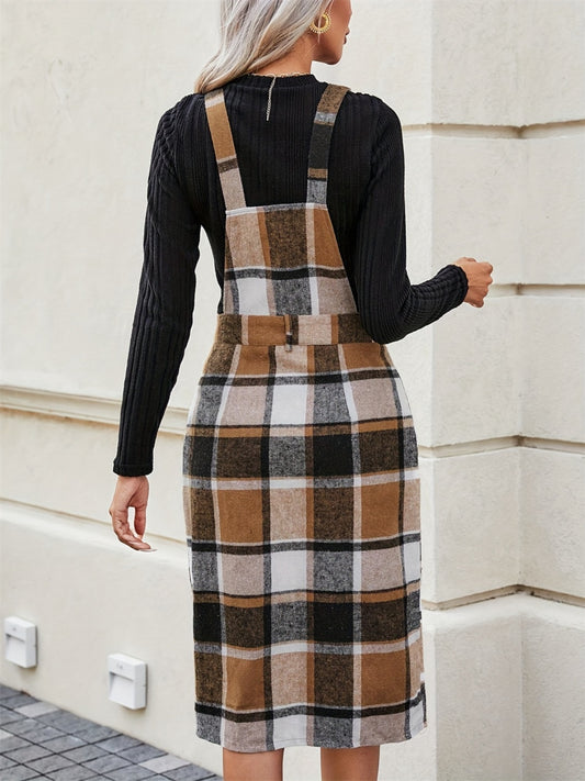 Slit Plaid Wide Strap Overall Dress - Classique Collection
