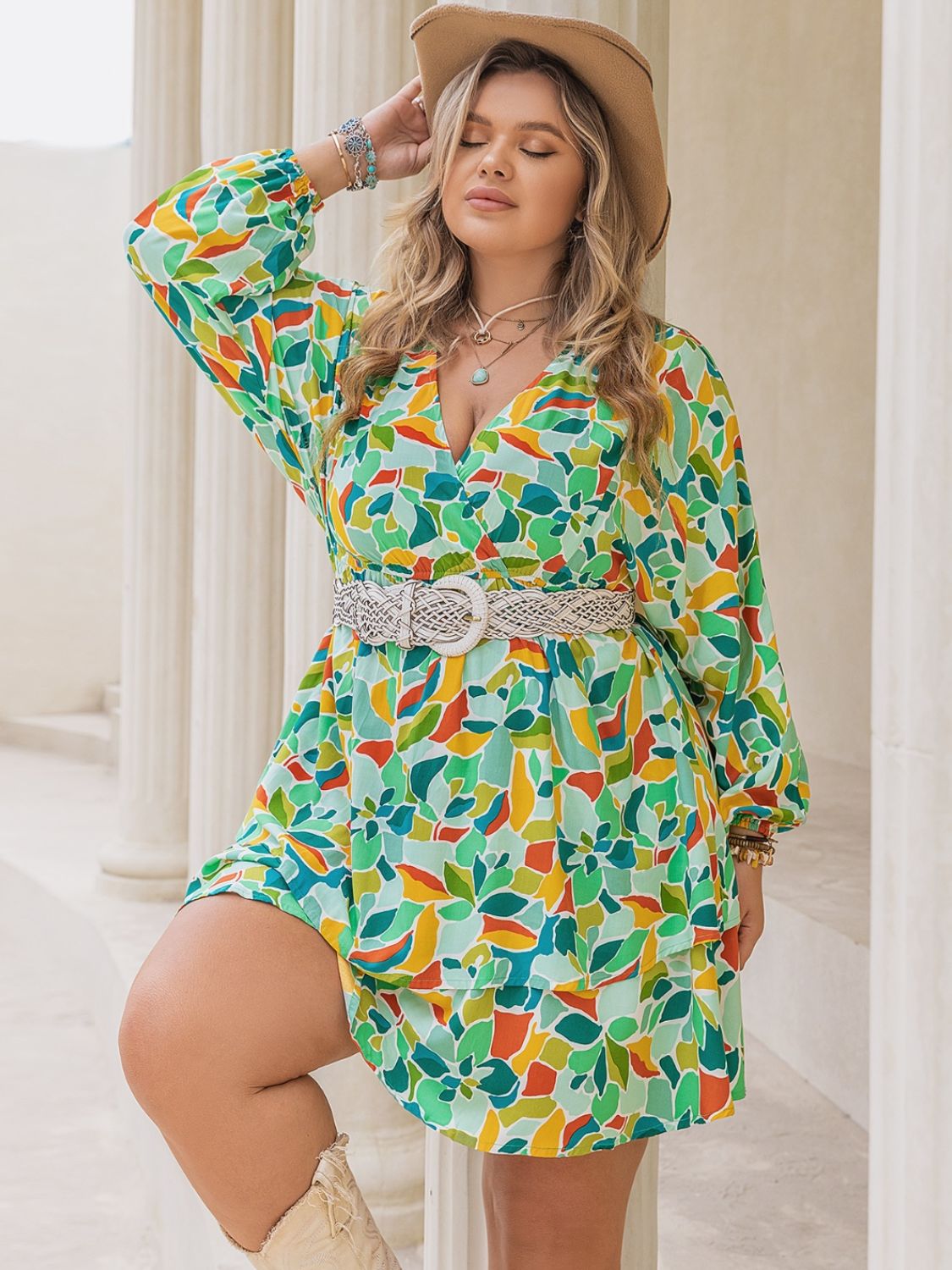 Plus Size Printed Surplice Long Sleeve Mini Dress - Classique Collection