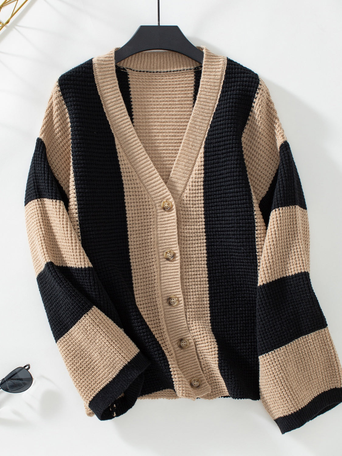 Waffle-Knit V-Neck Striped Long Sleeve Cardigan - Classique Collection