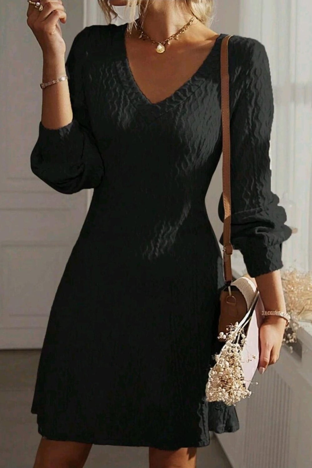 Texture V-Neck Long Sleeve Dress - Classique Collection