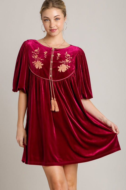 Umgee Embroidered Half Sleeve Velvet Mini Dress with Tassel - Classique Collection