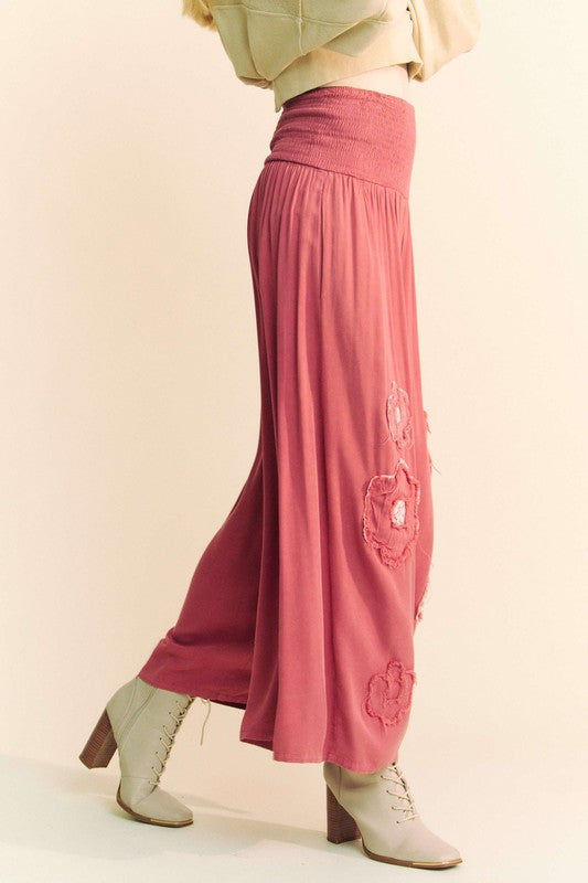 Davi & Dani Smocked Waist Flower Patch Wide Leg Pants - Classique Collection
