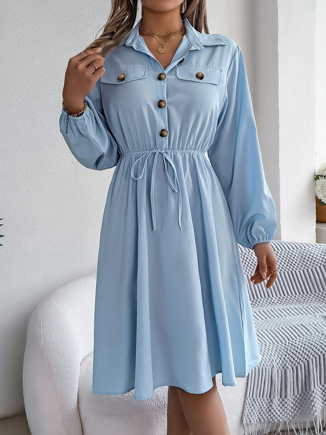 Collared Neck Long Sleeve Dress with Pockets - Classique Collection