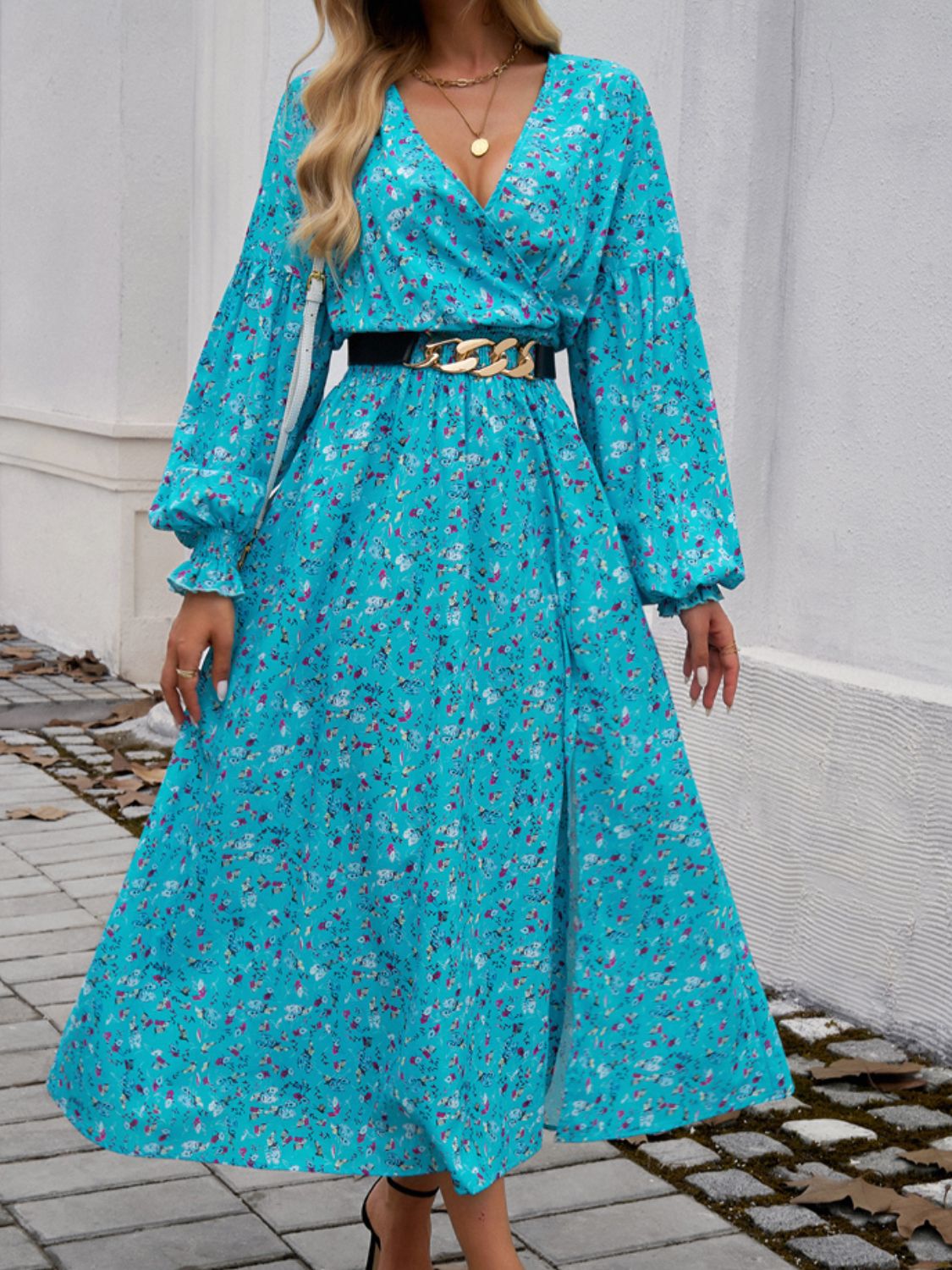 Devine Split Printed Surplice Long Sleeve Midi Dress - Classique Collection