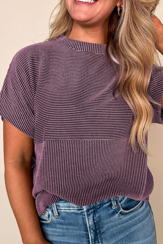 Corded Knit Mock Neck Short Sleeve T Shirt - Classique Collection