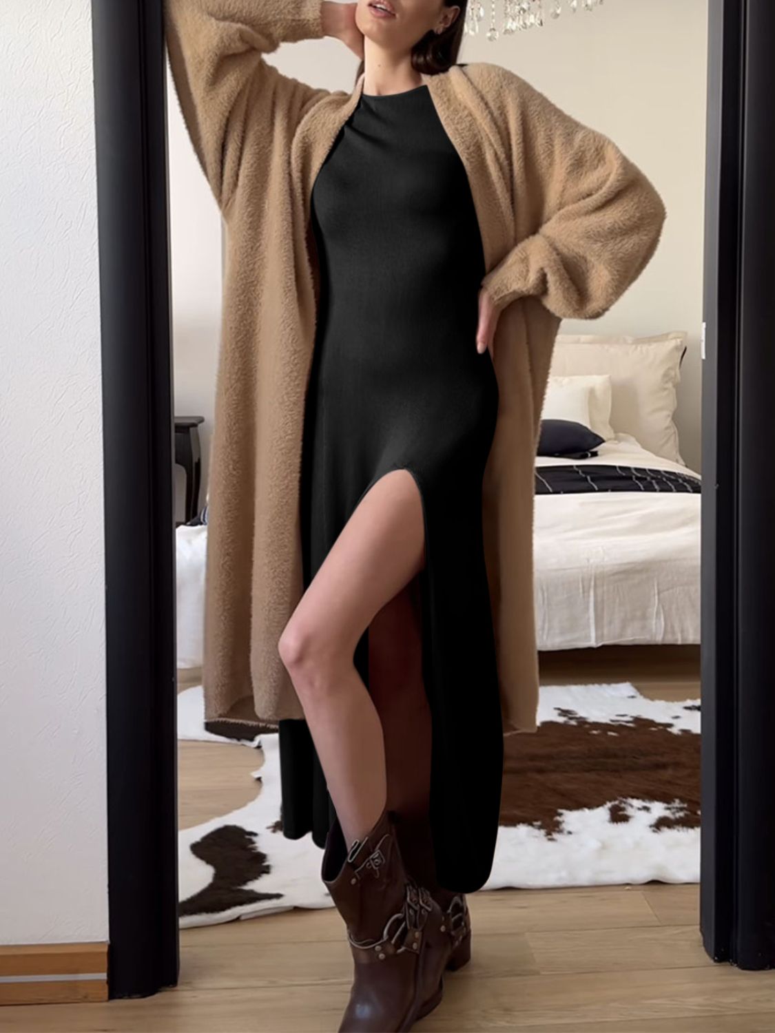 Side Slit Round Neck Long Sleeve Dress - Classique Collection