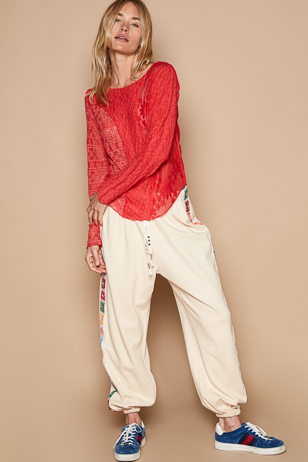 POL Exposed Seam Long Sleeve Lace Knit Top - Classique Collection