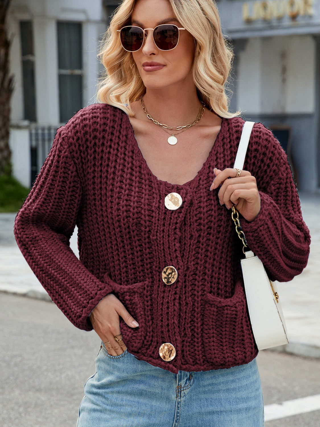 Round Neck Button Up Cardigan with Pockets - ClassiQ