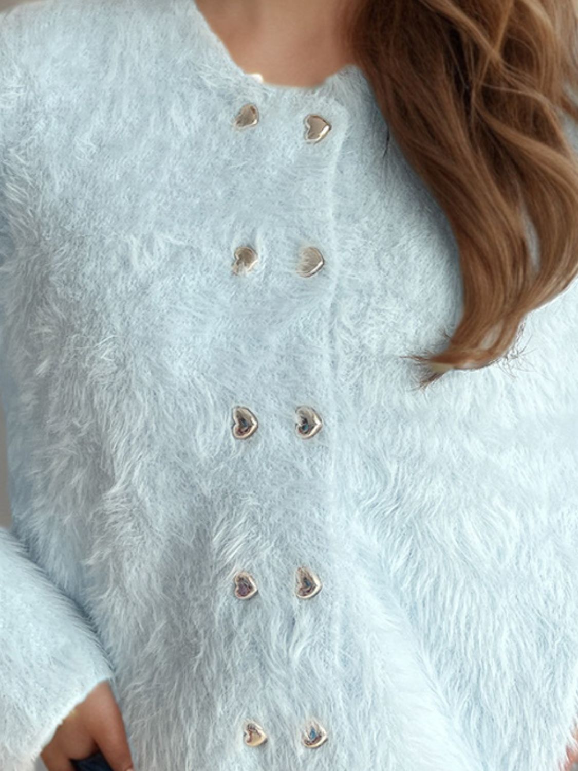 Heart Button Round Neck Cardigan - ClassiQ
