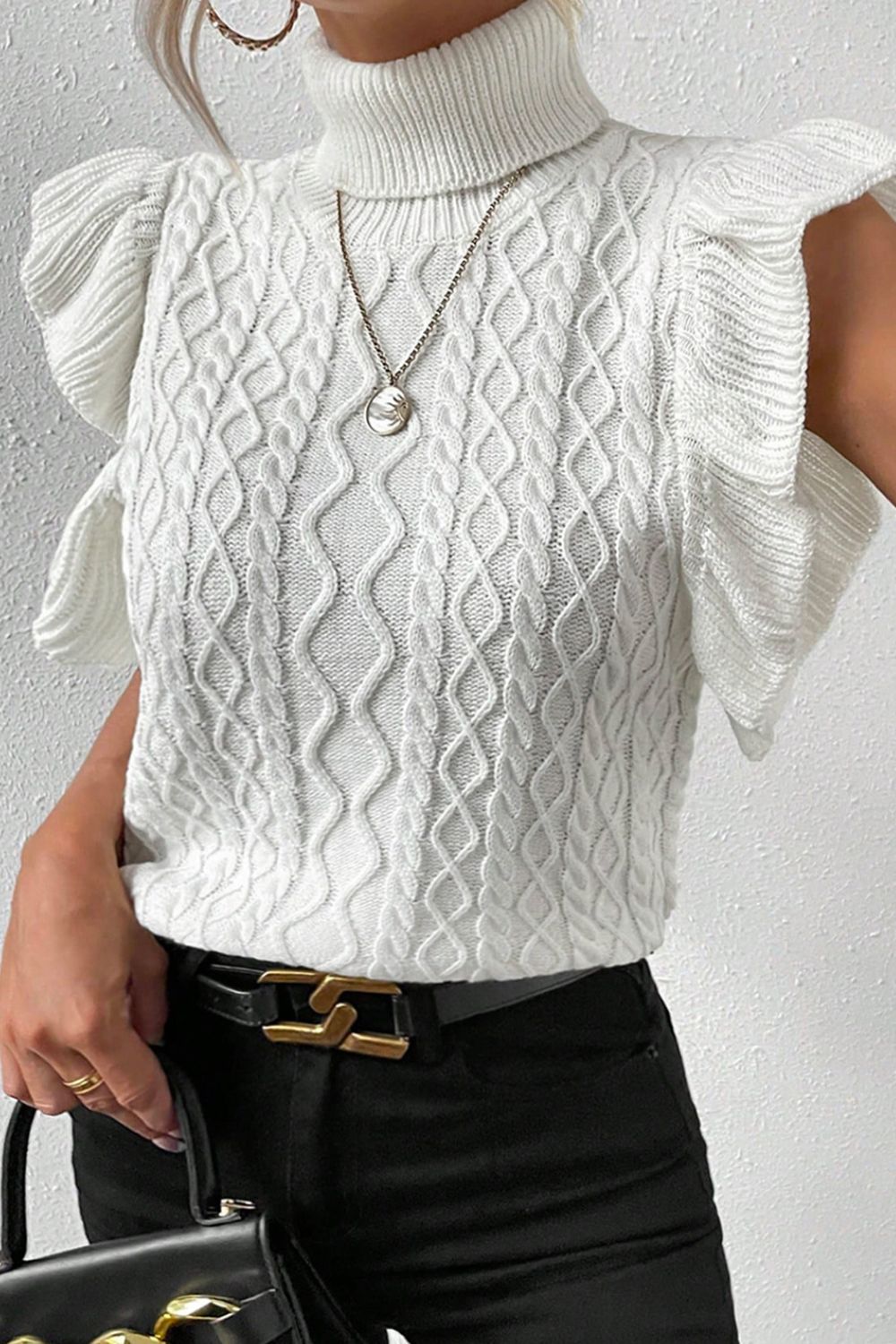 Cable-Knit Turtleneck Cap Sleeve Sweater - Classique Collection