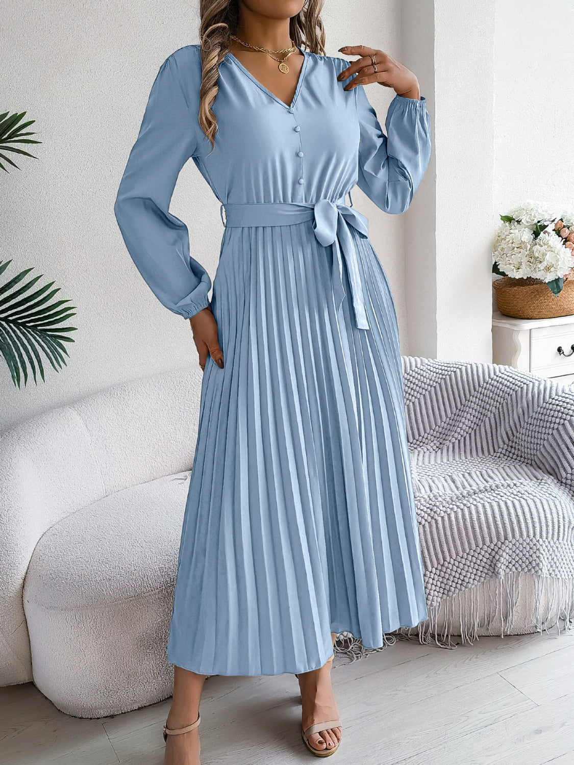 Pleated Tied V-Neck Long Sleeve Dress - Classique Collection