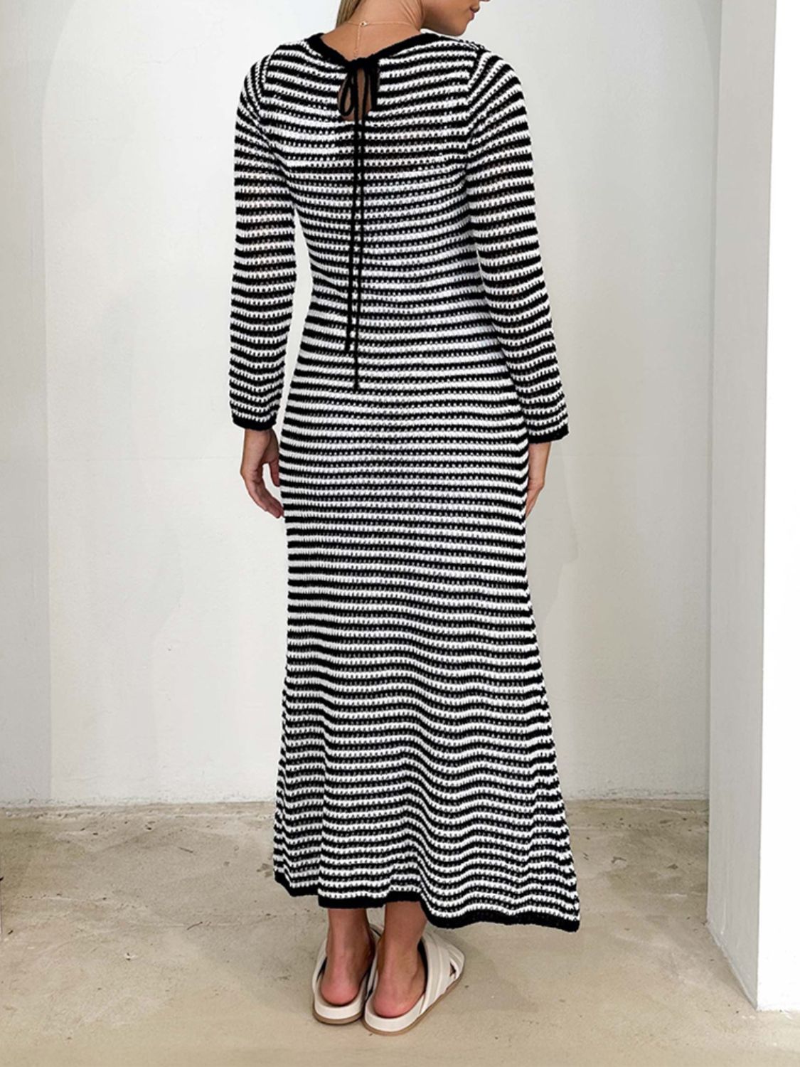 Devine Tied Round Neck Striped Sweater Dress - Classique Collection