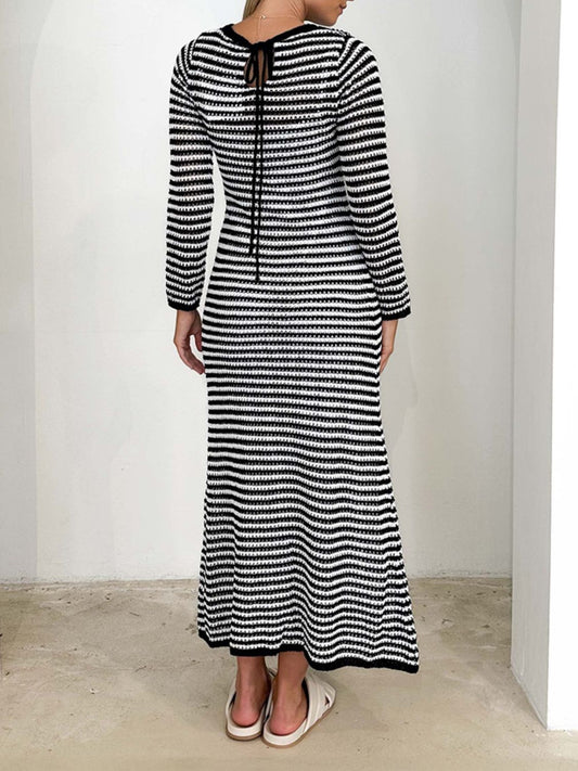 Devine Tied Round Neck Striped Sweater Dress - Classique Collection