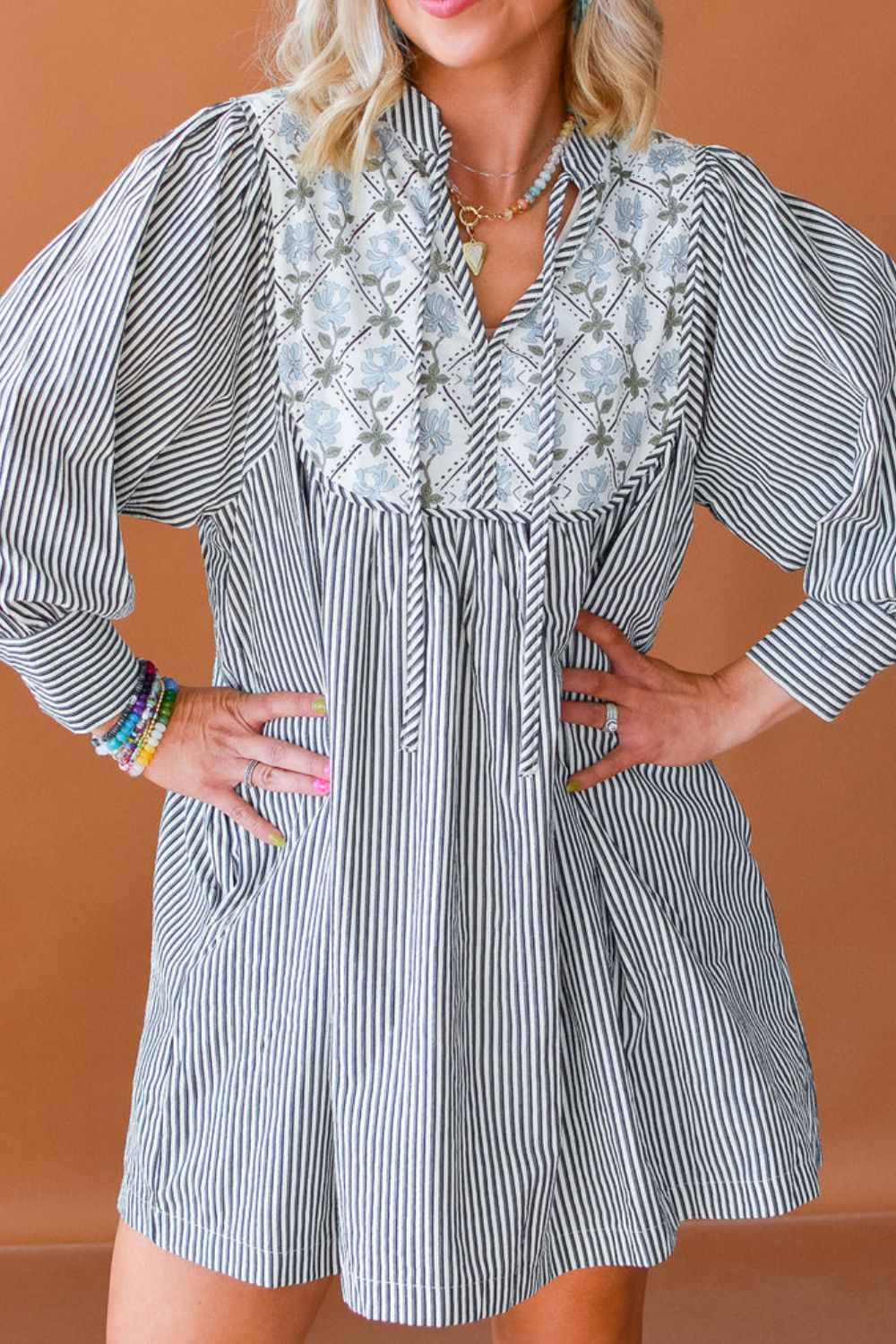 Tied Floral Printed Striped Long Sleeve Dress - Classique Collection