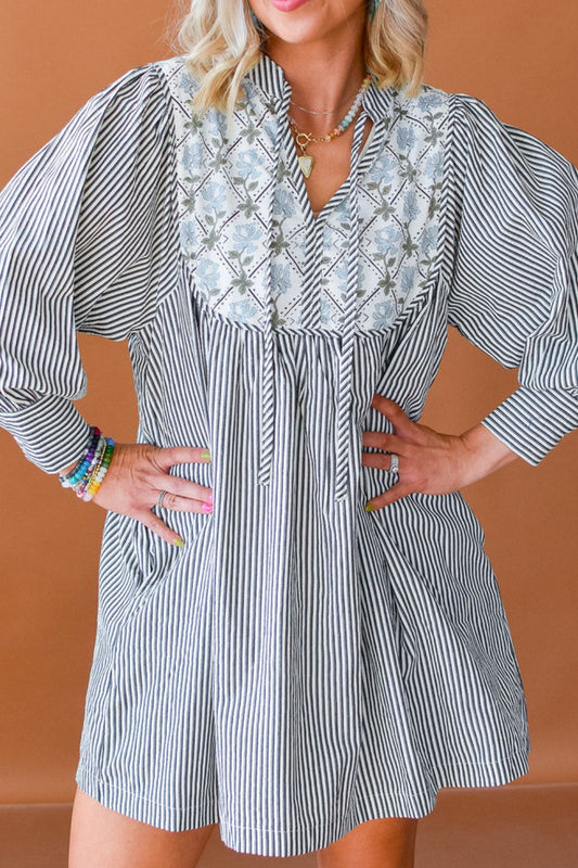 Tied Floral Printed Striped Long Sleeve Dress - Classique Collection