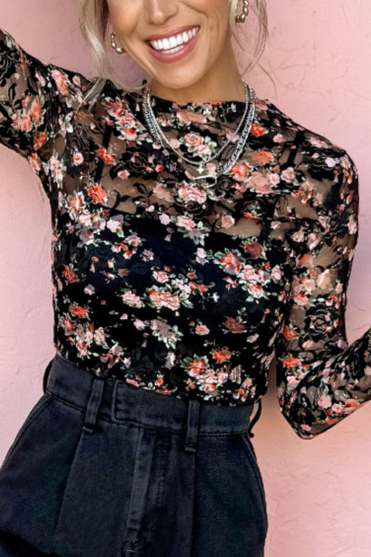 Floral Round Neck Long Sleeve Blouse - Classique Collection
