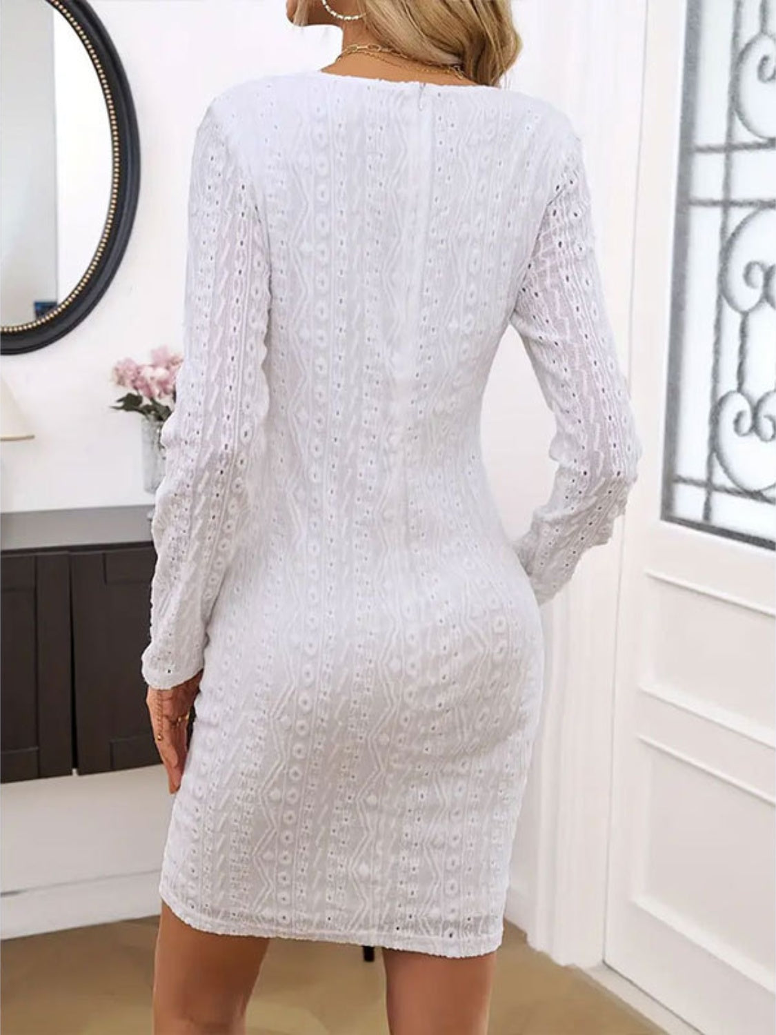 Lace Detail Round Neck Long Sleeve Mini Dress - Classique Collection