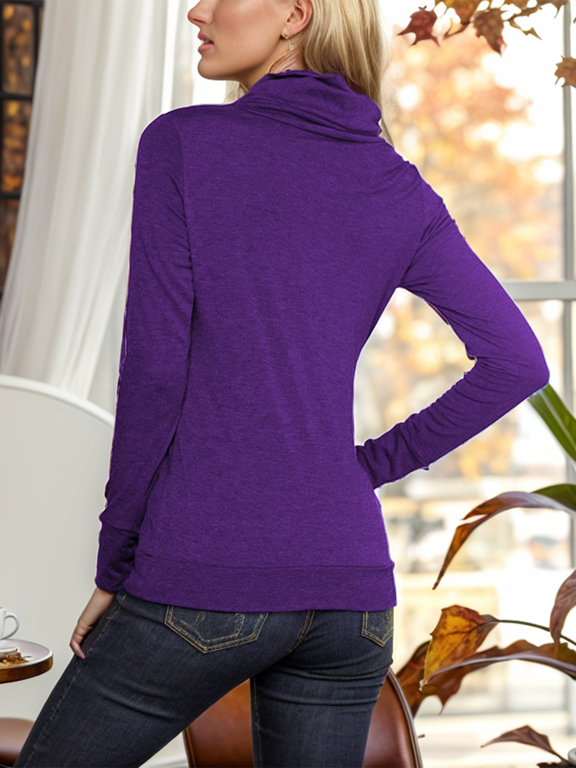 Shiny Buttoned Mock Neck Long Sleeve Blouse - ClassiQ