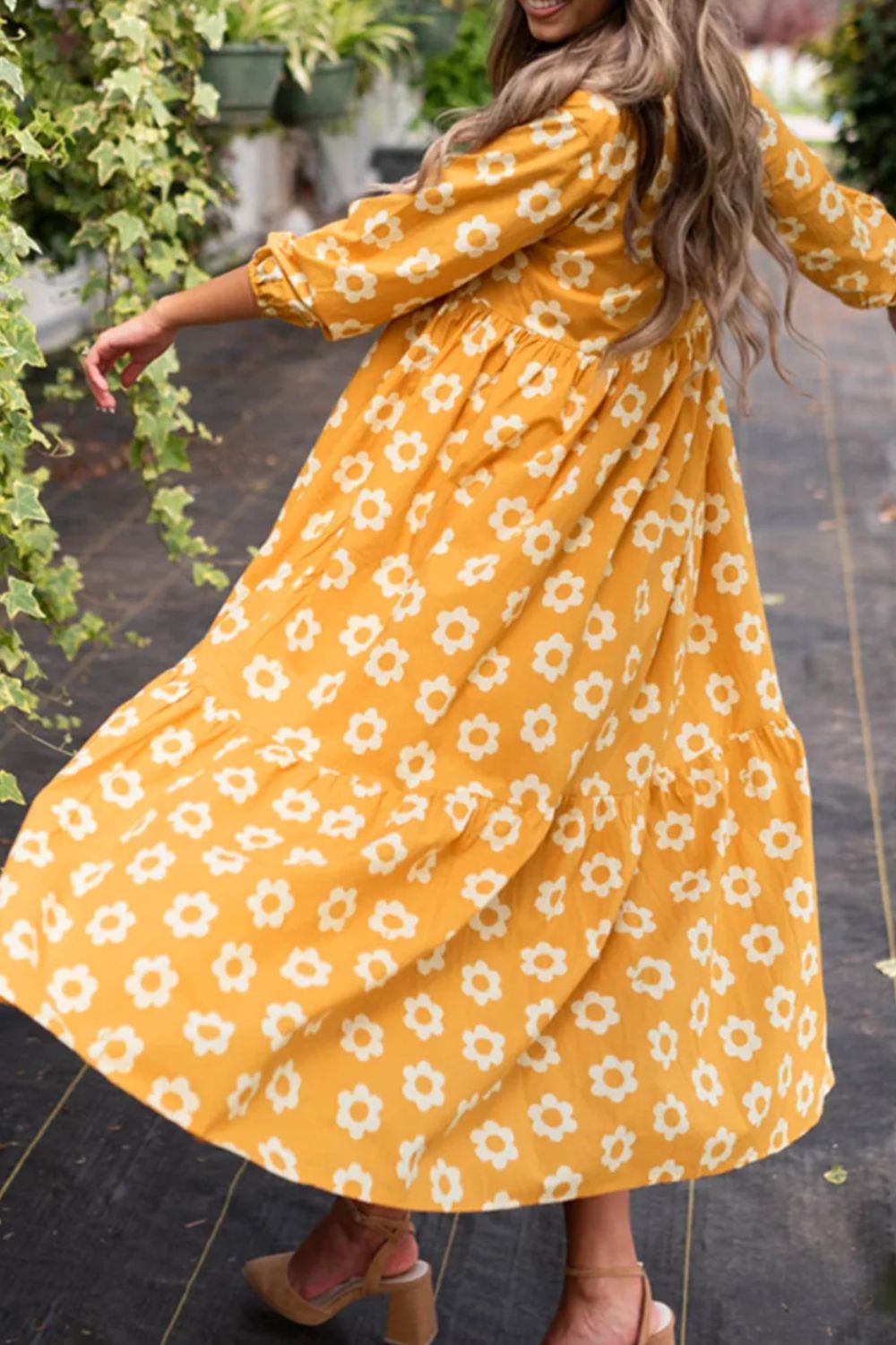 Floral Collared Neck Three-Quarter Sleeve Dress - Classique Collection