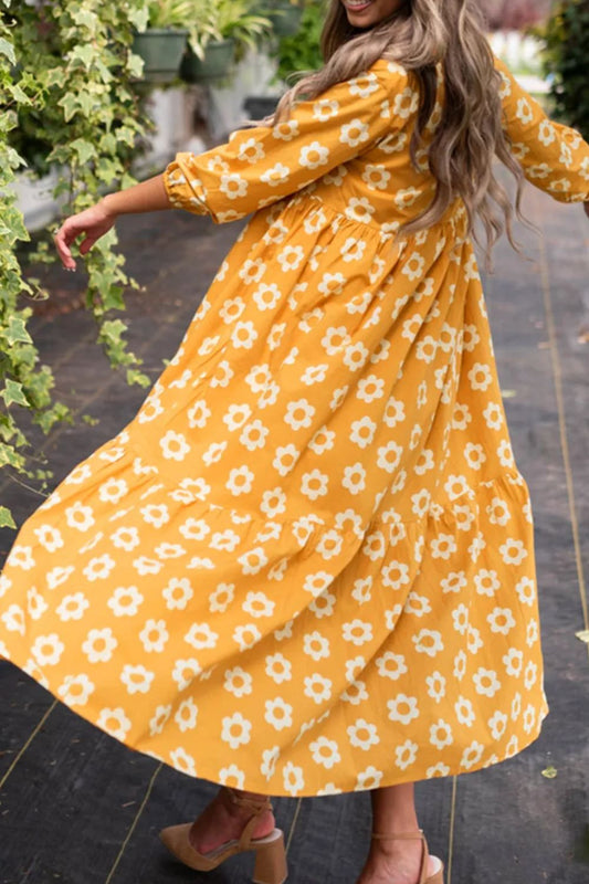 Floral Collared Neck Three-Quarter Sleeve Dress - Classique Collection