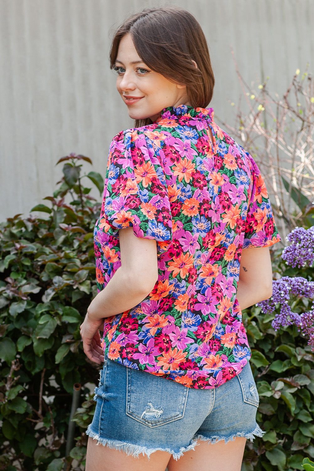 Floral Print Puff Sleeve Round Neck Blouse - ClassiQ
