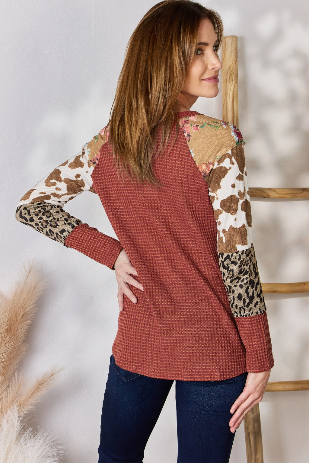 Hailey & Co Full Size Leopard Waffle-Knit Blouse - Classique Collection