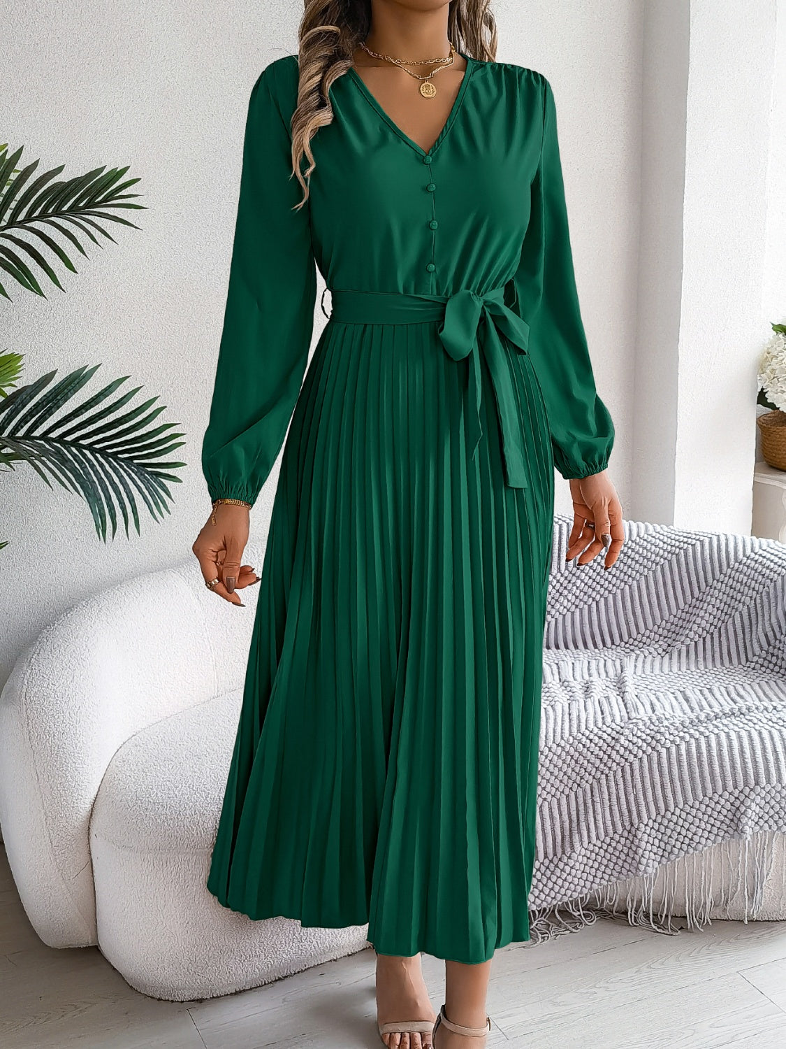 Pleated Tied V-Neck Long Sleeve Dress - Classique Collection