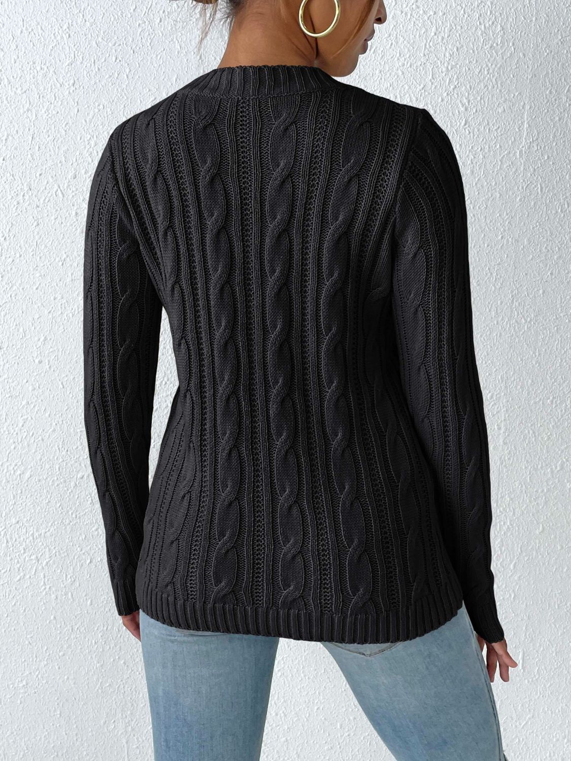 Cable-Knit Heart Round Neck Long Sleeve Sweater - ClassiQ