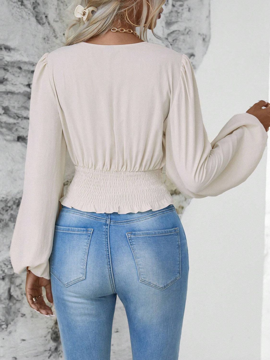 Smocked Surplice Balloon Sleeve Top - Classique Collection