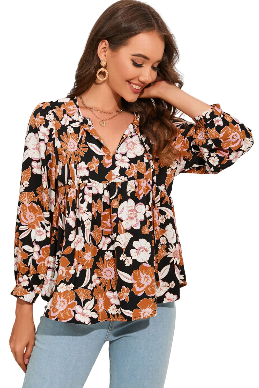 Floral Tie Neck Babydoll Blouse - Classique Collection
