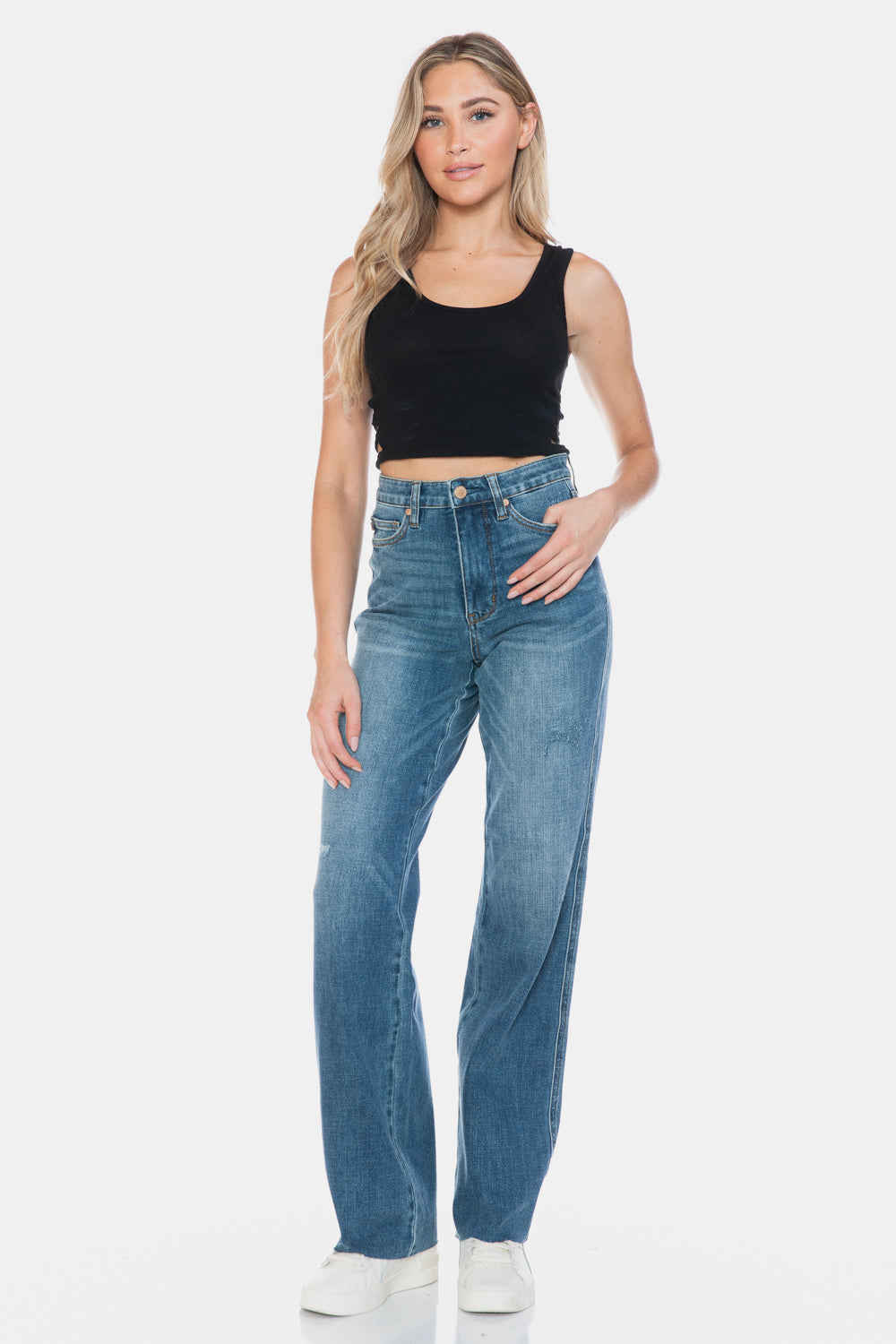 Judy Blue Full Size Tummy Control Cut Raw Hem Straight Jeans - Classique Collection