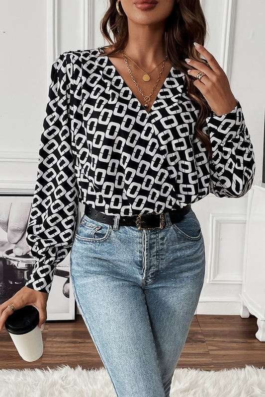 Perfee Geometric V-Neck Long Sleeve Blouse - Classique Collection