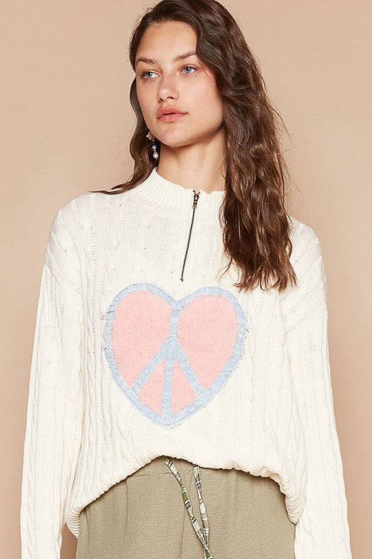 POL Cable-Knit Peace Patch Dropped Shoulder Sweater - Classique Collection