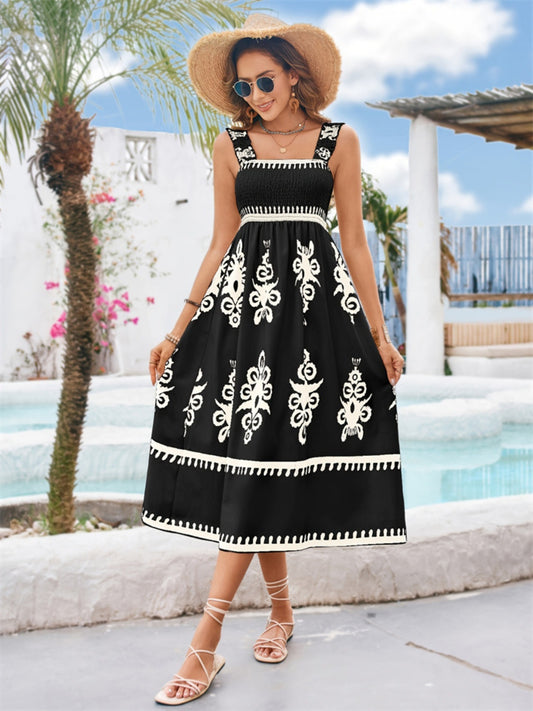 Printed Square Neck Wide Strap Midi Dress - Classique Collection