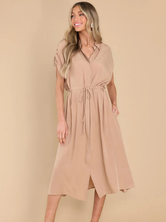 Drawstring Collared Neck Short Sleeve Midi Dress - Classique Collection