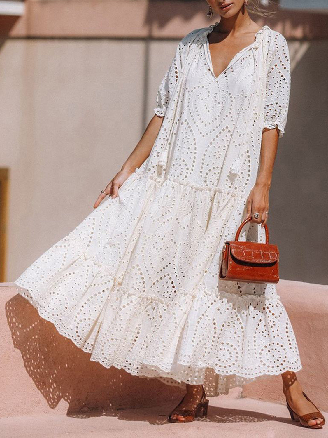 Tie Neck Half Sleeve Tiered Dress - Classique Collection