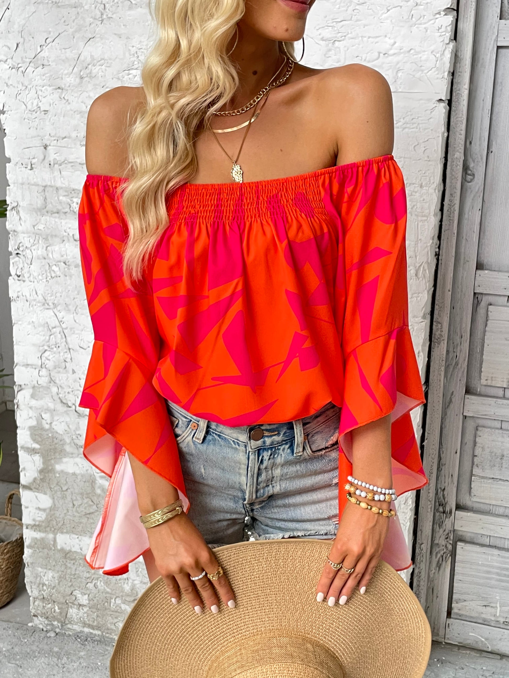 Printed Off-Shoulder Bell Sleeve Blouse - Classique Collection