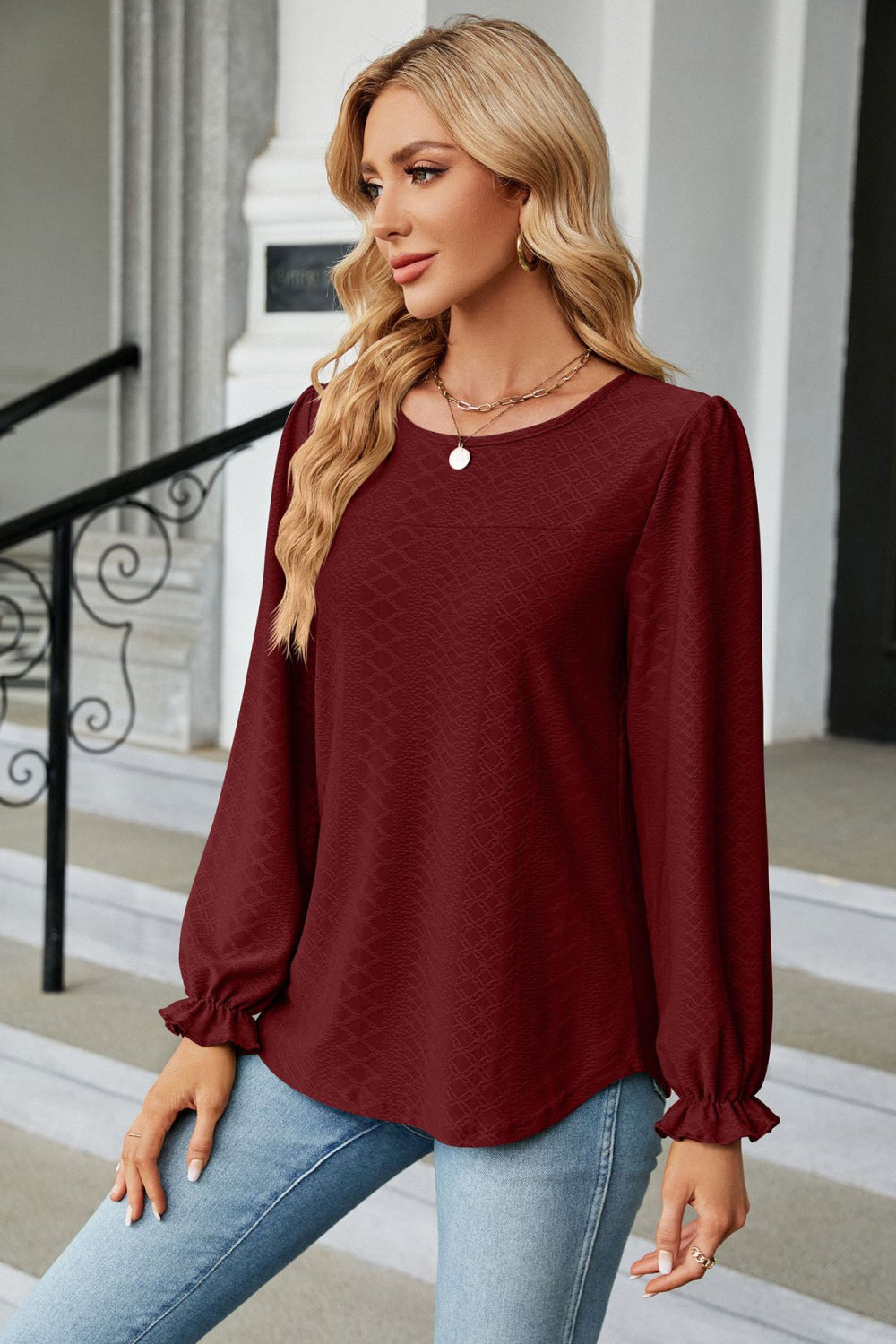 Round Neck Flounce Sleeve Blouse - Classique Collection